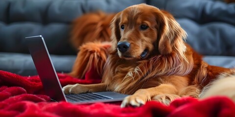 Dog using laptop to order pet food online for home delivery. Concept Pets, Online Shopping, Technology, Home Delivery