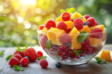 A fresh and colorful fruit salad in a high glass bowl, layers visible, set against a bright, sunny outdoor setting with natural greenery in the background.