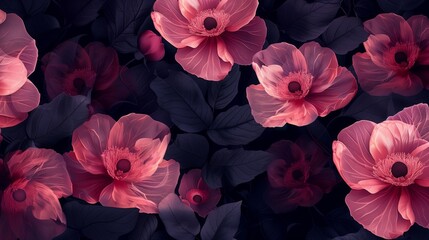 Vibrant pink flowers contrast against a dark background, creating a bold and striking floral display