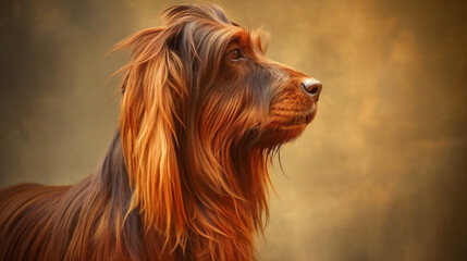 Naklejka premium Faithful friend, a loyal companion. A dog with a beautiful long red coat looking away with a soft warm light on the background