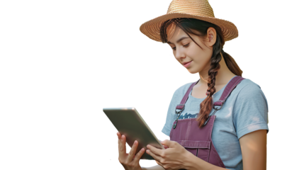 female wearing overalls and a farm dress straw hat. transparent, isolated on white.