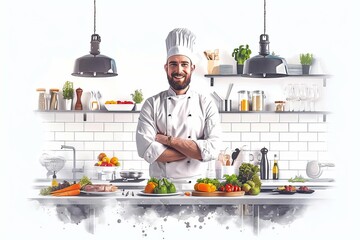 Professional chef in a commercial kitchen.