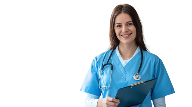 Smile female medical assistant with clipboard. transparent, isolated on white.
