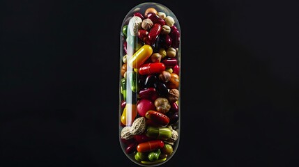 A macro photograph of a transparent pill containing a rich medley of fruits, vegetables, nuts, and beans, illustrating the essence of wellness encapsulated in a single dose