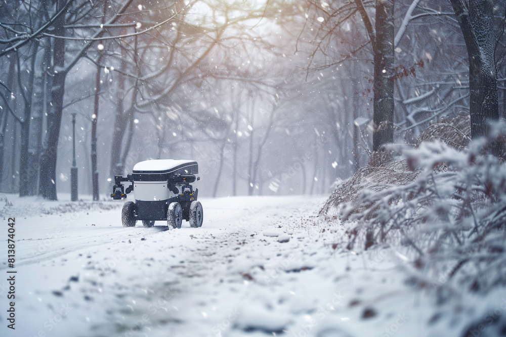 Poster autonomous delivery robot navigating a snow-covered park path during a blizzard