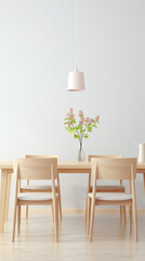 Minimalist wooden dinning table with pink lamp and vase of lilac flowers