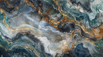 A close view of a marble surface with complex patterns and a mix of colors swirling together.