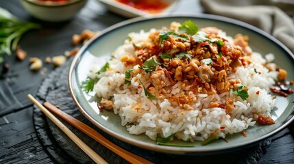 A plate of steamed rice topped with spicy chili paste and canned fish, a quick and satisfying meal bursting with Thai flavors.