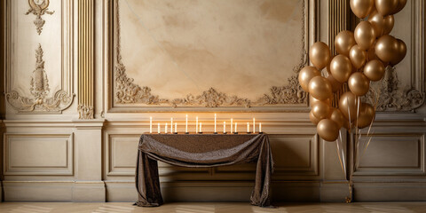 ornate golden balloons and candles in aatsby style