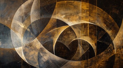 An abstract painting featuring a dynamic interplay of gold and black hues on a textured canvas.