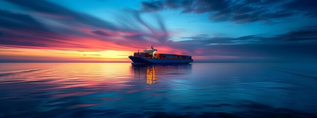 Naklejka premium A large container ship sails on a calm sea at sunset. The sky is a deep orange, and the water is a dark blue. The ship is lit up, and its reflection shimmers on the water.