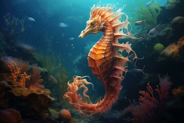 Vibrant digital artwork of a seahorse with intricate details among a colorful coral reef