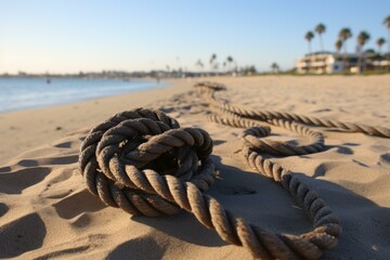 Close-up of a coiled ship's rope on a serene beach with warm sunset light in the background