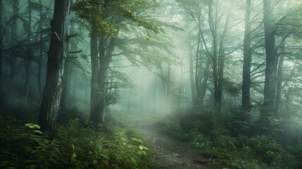A serene, mist-covered forest path flanked by lush, green trees, creating a mysterious yet peaceful atmosphere.