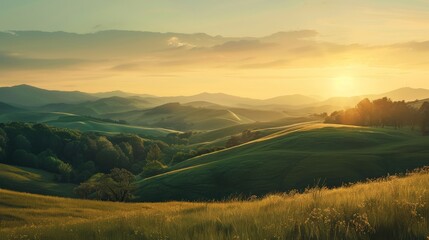 A scenic countryside landscape at dusk, with the sun setting behind rolling hills, creating a picturesque evening view.