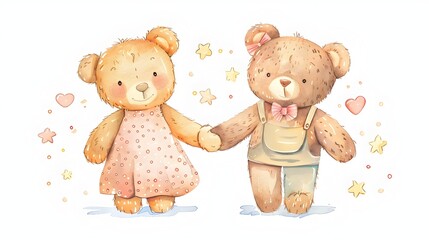 Charming Teddy Bear Couple Embracing with Hearts and Stars in Pastel Watercolor
