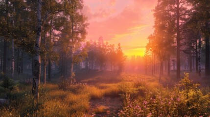 Fototapeta premium A serene forest clearing bathed in the warm light of the setting sun, with the sky ablaze in shades of pink and orange.
