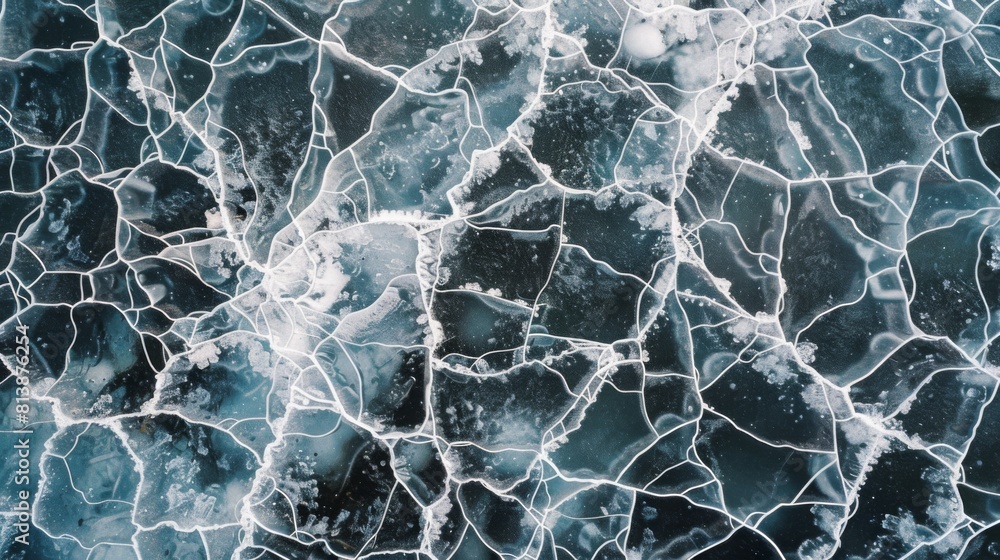 Poster Overhead shot captures the intricate web of cracks and textures on a vast frozen lake during the cold season.