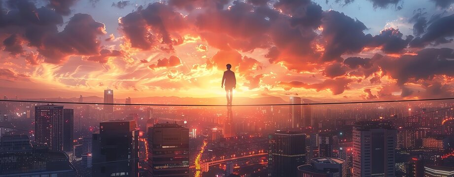 A business man stands on the tightrope above cityscape, concept of balanced life balance between work and personal time, businesswoman walking along rope in modern urban environment at sunset, digital