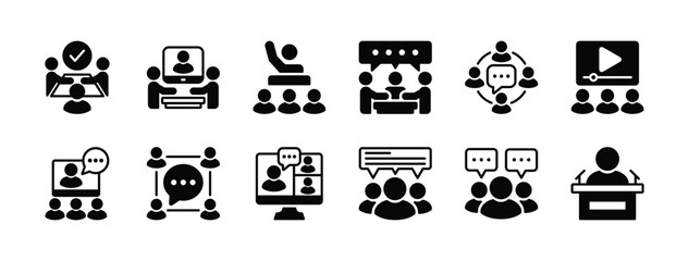 Business training icon set. Containing conference, presentation, education, coaching, communication, discussion, meeting, learning, online video, classroom. Vector illustration