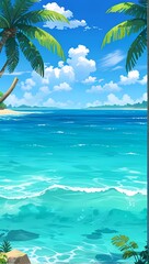 Naklejka premium Anime style illustration of each scene tropical palm trees, ocean sea, island