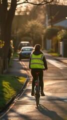 A woman riding a bike down a street.