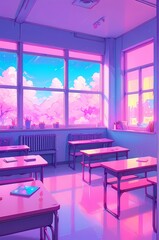 Anime style illustration of school college classroom beanches windows, Lo-fi style colors tones