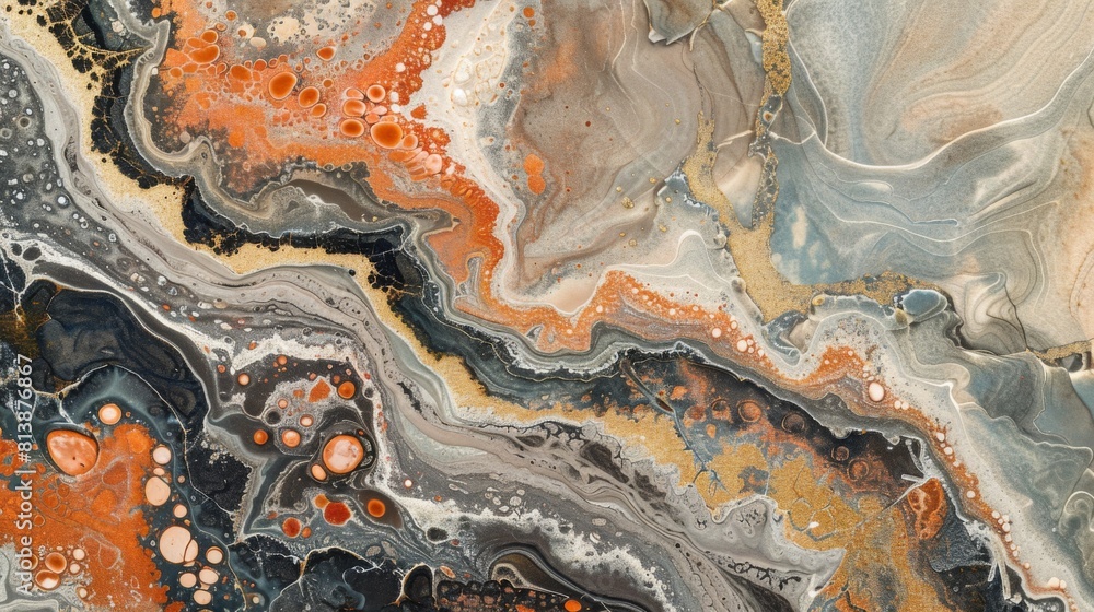 Poster Detailed view of an abstract painting featuring vibrant orange and deep black colors, showcasing intricate patterns and textures.