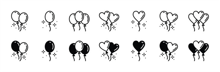 Balloon thin line icon set. Balloons decoration for event, party, festival, birthday, anniversary, celebration, carnival. Rubber balloons in round and heart shapes. Vector illustration