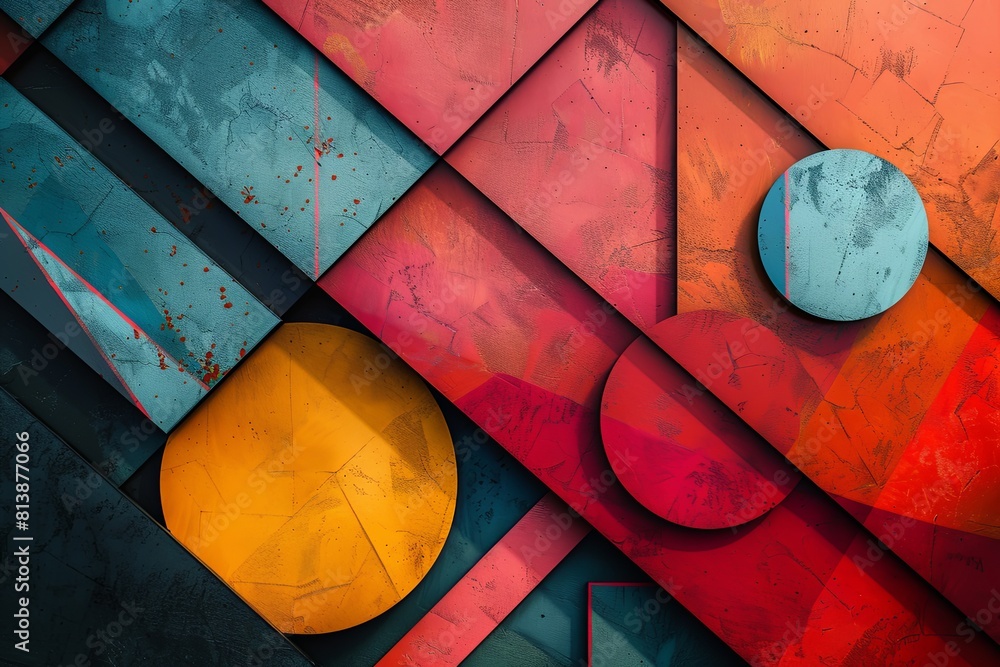 Poster A striking abstract image featuring geometric shapes in vibrant colors with detailed textures and subtle scratches.
