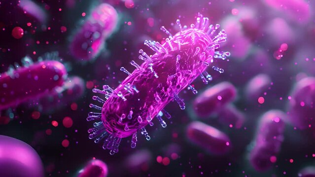 Close-up depiction of a bacteriophage attaching to a bacterial cell.