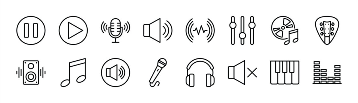 Music and sound thin line icon set. Containing play and pause button, microphone, speaker, equalizer, recording disc, guitar chord, loudspeaker, notes, headphone, mute, piano. Vector illustration