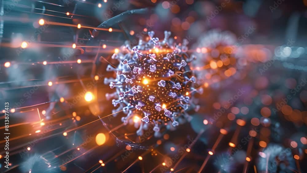 Poster a digitally created virus with a network background.