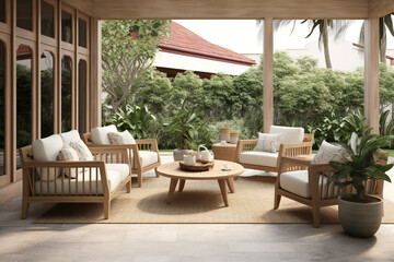 Fototapeta premium Minimalist and natural living space with wooden furniture, neutral colors, and lush greenery