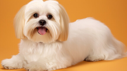 Cute and fluffy white puppy of Maltese breed on orange background