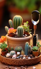 Cactus pot with gardening tools 