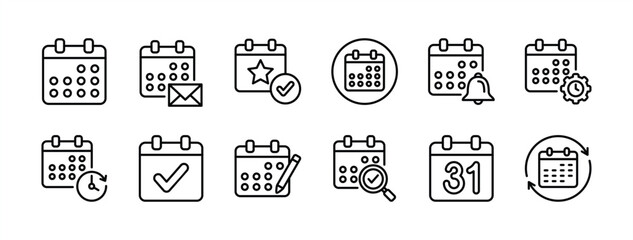 Calendar thin line icon collection. Calendar sign and symbol. Containing schedule, agenda, event, reminder, time management, invitation, appointment, plan, date. Vector illustration