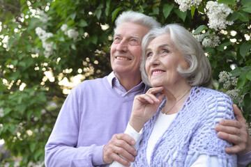 Portrait of beautiful senior couple by lilacs in the park