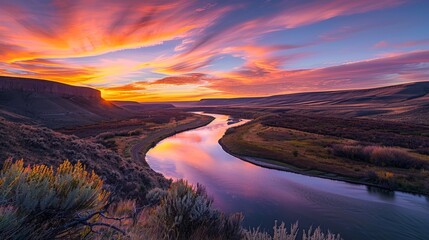 Naklejka premium A tranquil river winding through a valley at sunset, with the sky ablaze in fiery colors as the day comes to a close.