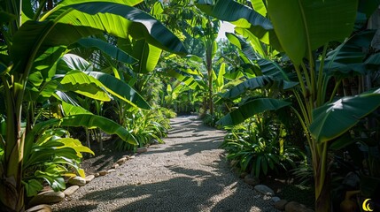 Obraz premium A tranquil tropical garden adorned with banana plants, a sanctuary for relaxation and contemplation.