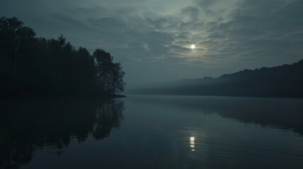 Fototapeta premium A large moon is reflected in the water of a lake