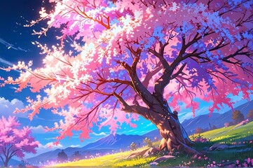 Anime style illustration of cherry blossom tree, falling pink flowers nature trees