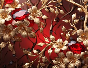 Gleaming Crimson Charm: 3D Wallpaper with Gold Branches and Red Diamonds