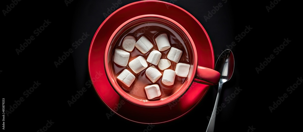 Aufkleber a top down view of a large red coffee cup with a spoon marshmallow slices and ample space for copyin