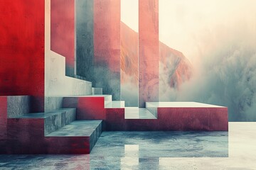 An abstract composition featuring a stark red and gray staircase against a surreal misty mountainous backdrop.
