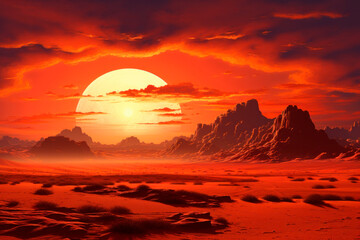 Fantastic red landscape of an alien planet with rocks. Alien planet surface illustration for computer game. Generated AI