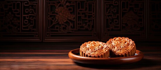Close up copy space image of a round shaped mooncake a traditional Chinese pastry commonly enjoyed during the Mid Autumn Festival placed on a wooden background with a tray