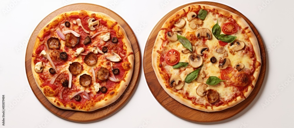 Poster two small pizzas with a white background and ample copy space image
