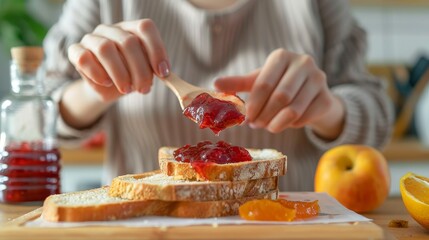 A woman spreading fruit jam on freshly baked bread, savoring the combination of tangy fruit and buttery toast.