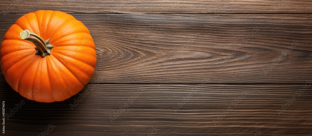 Poster top view of a pumpkin on a white table creating an autumn background with ample copy space for addit